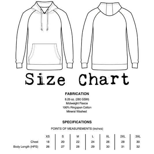 Size chart for a unisex pullover hoodie showing front and back line drawings and fabrication details. Fabrication listed as 8.25 oz (280 GSM) midweight fleece, 100% ringspun cotton, mineral washed. Size measurements in inches: XS chest 18, length 26; S chest 20, length 27; M chest 22, length 28; L chest 24, length 29; XL chest 26, length 30; 2XL chest 28, length 31; 3XL chest 30, length 32.