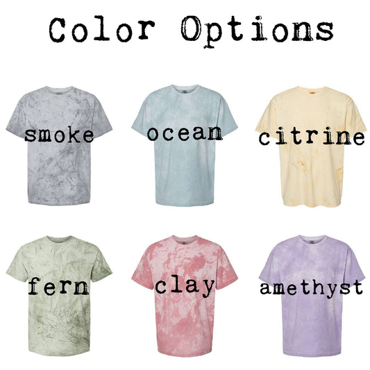 Graphic showing T-shirt color options labeled smoke, ocean, citrine, fern, clay, and amethyst.