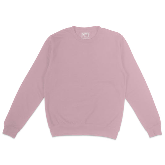 Pink unisex crewneck sweatshirt displayed flat on a light background with long sleeves and ribbed cuffs and hem.