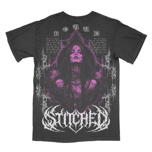 Back of a black vintage-wash graphic tee featuring a bound gothic woman in purple and black, surrounded by ornate cathedral-inspired details with “Bound” above and a large distressed Stitched in the Dark logo below.