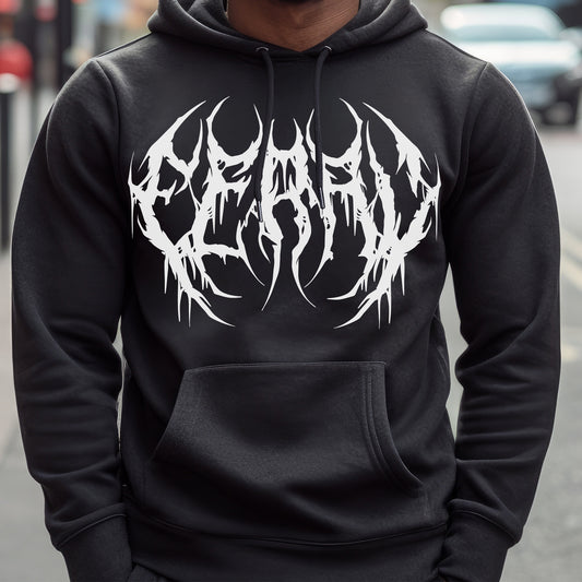 Model wear Black hoodie featuring white metal-style text reading “feral” across the chest.