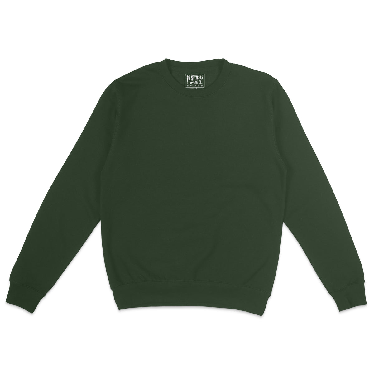 Dark Forest green unisex crewneck sweatshirt displayed flat on a light background with long sleeves and ribbed cuffs and hem.