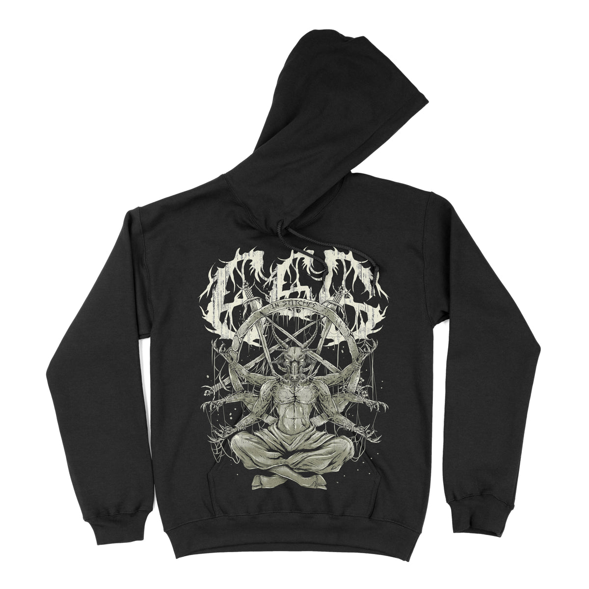 Black hoodie with front pocket and occult pentagram graphic featuring “666.”