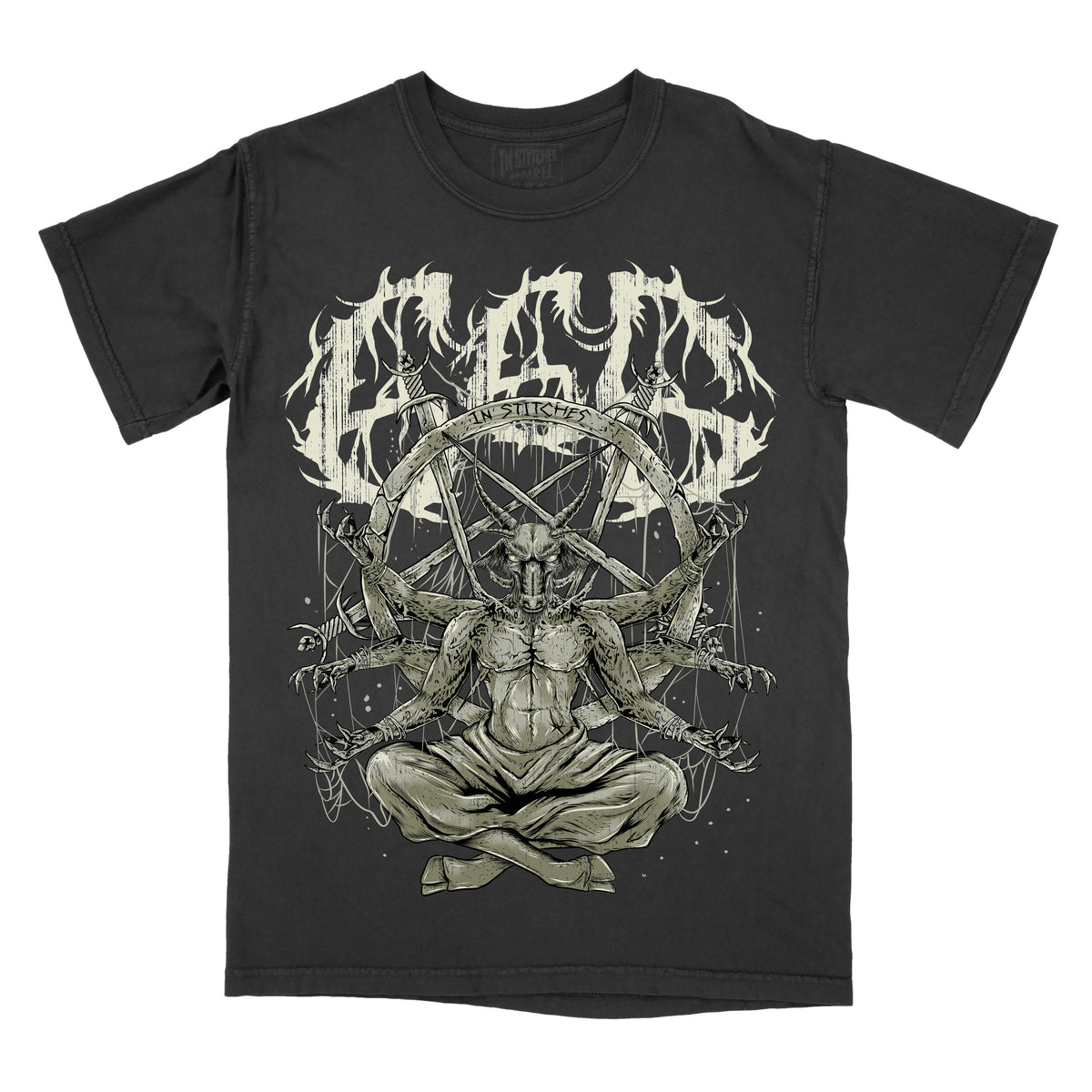 featuring an occult-style graphic of a seated figure surrounded by a pentagram and ritual symbols, with 666 artwork above the illustration.