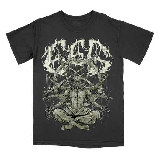 featuring an occult-style graphic of a seated figure surrounded by a pentagram and ritual symbols, with 666 artwork above the illustration.