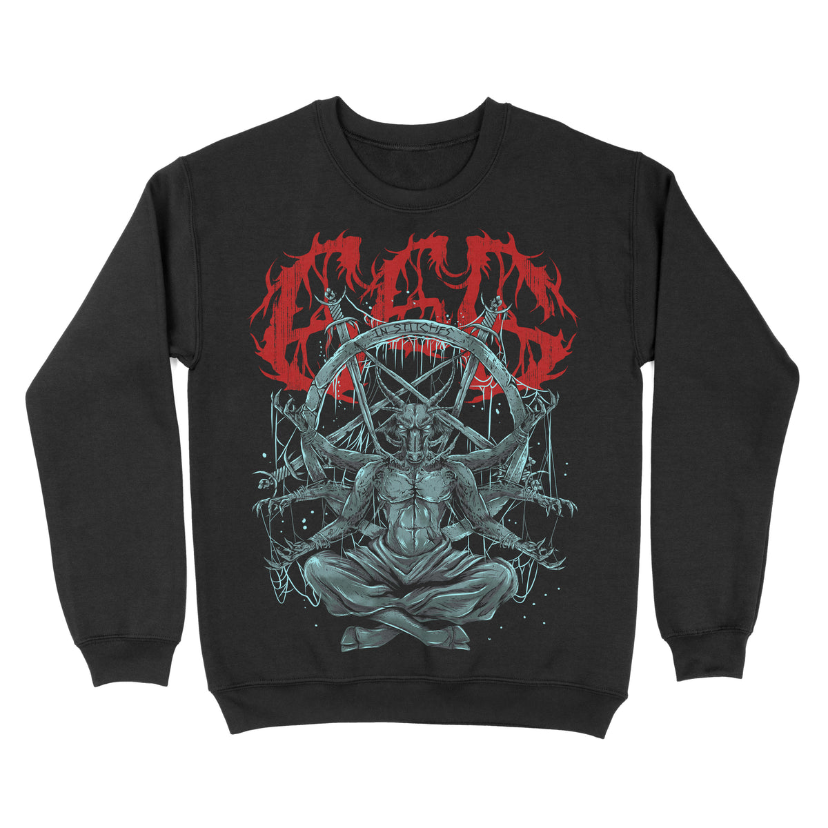 Black crewneck sweatshirt with a graphic print featuring a figure seated in a lotus position, surrounded by what appears to be a chaotic scene in red and blue tones. The text '666' is prominently displayed in the center.