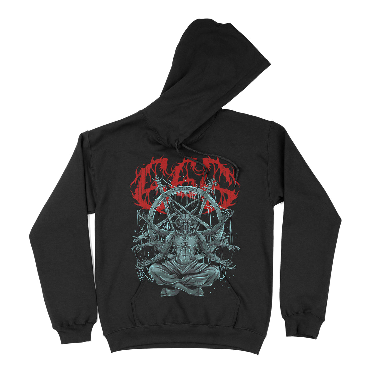 Black hoodie with front pocket and occult pentagram graphic featuring red “666.”