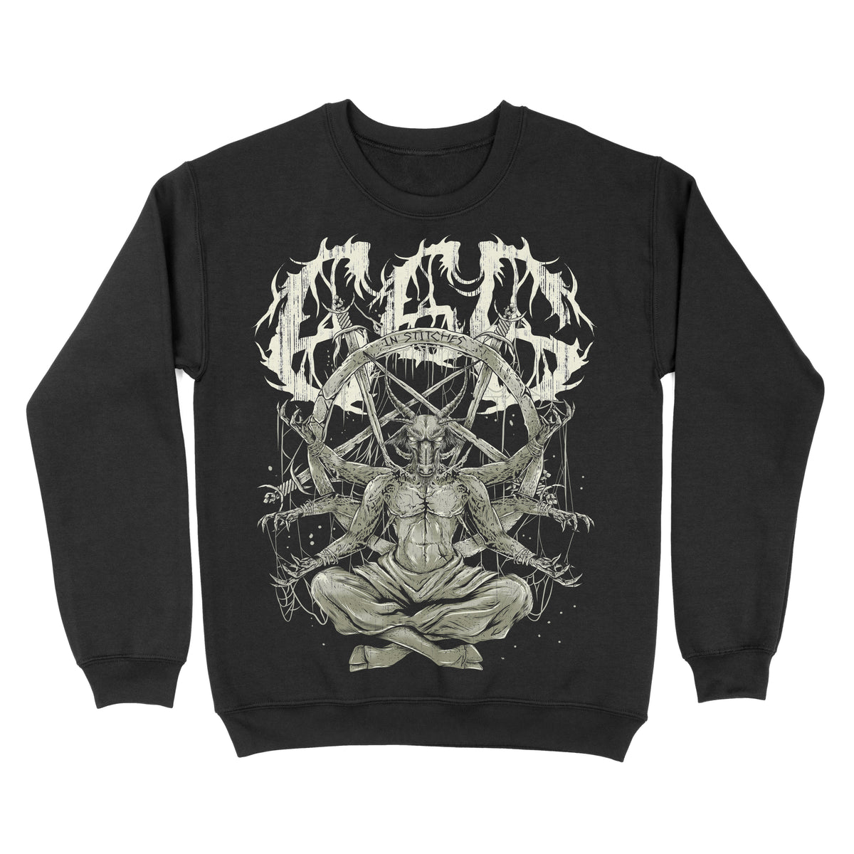 A black crewneck sweatshirt with a graphic print in the center featuring a figure seated in a lotus position, surrounded by what appears to be a chaotic scene with 666 text.