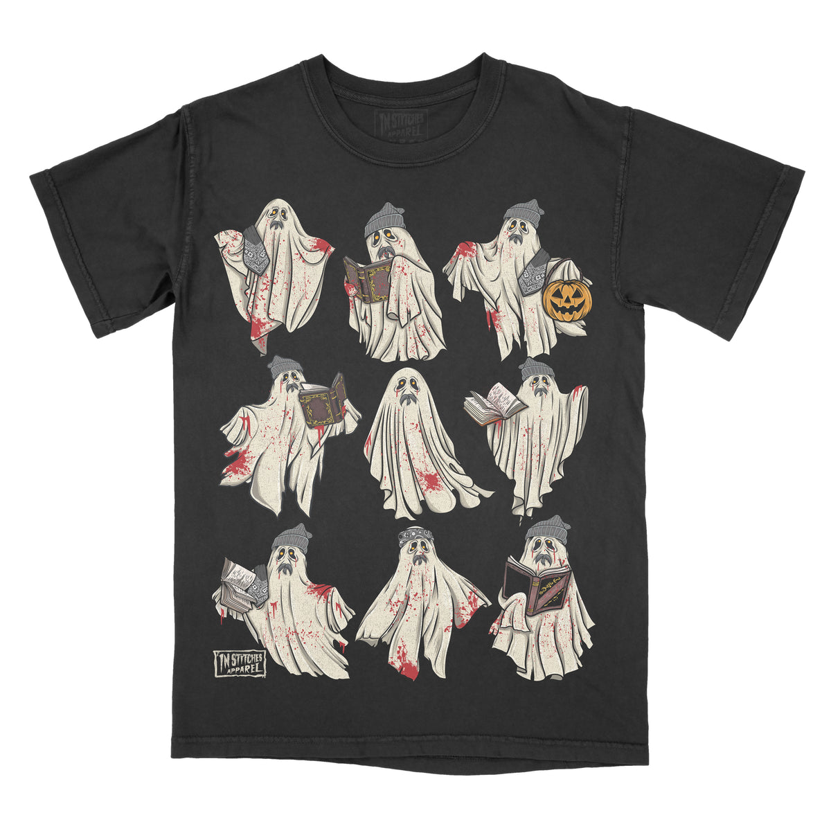 Black t-shirt with ghost illustrations on a white background