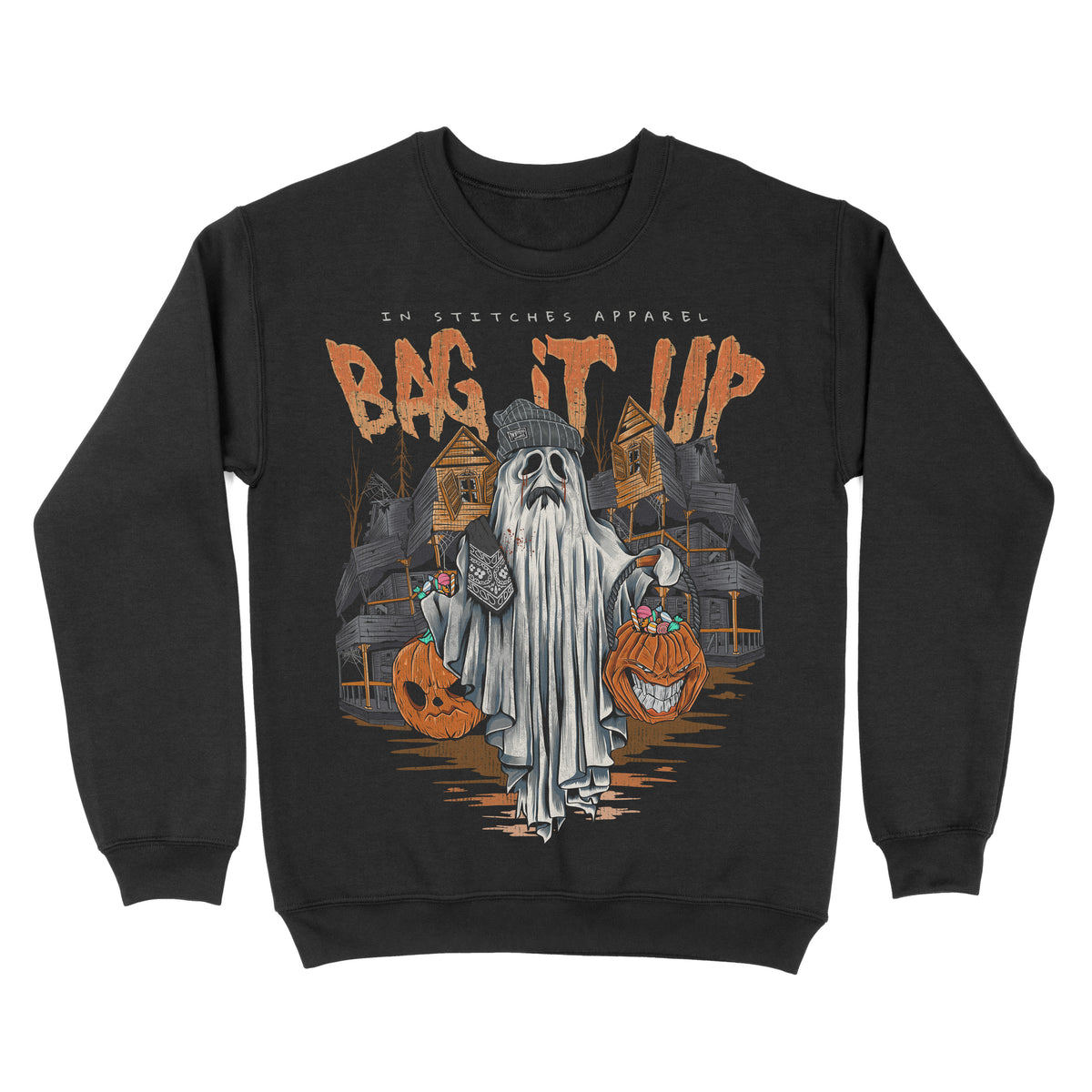 Black crewneck sweatshirt shown from the back, featuring a ghost holding jack-o’-lanterns with orange text reading “Bag It Up.”