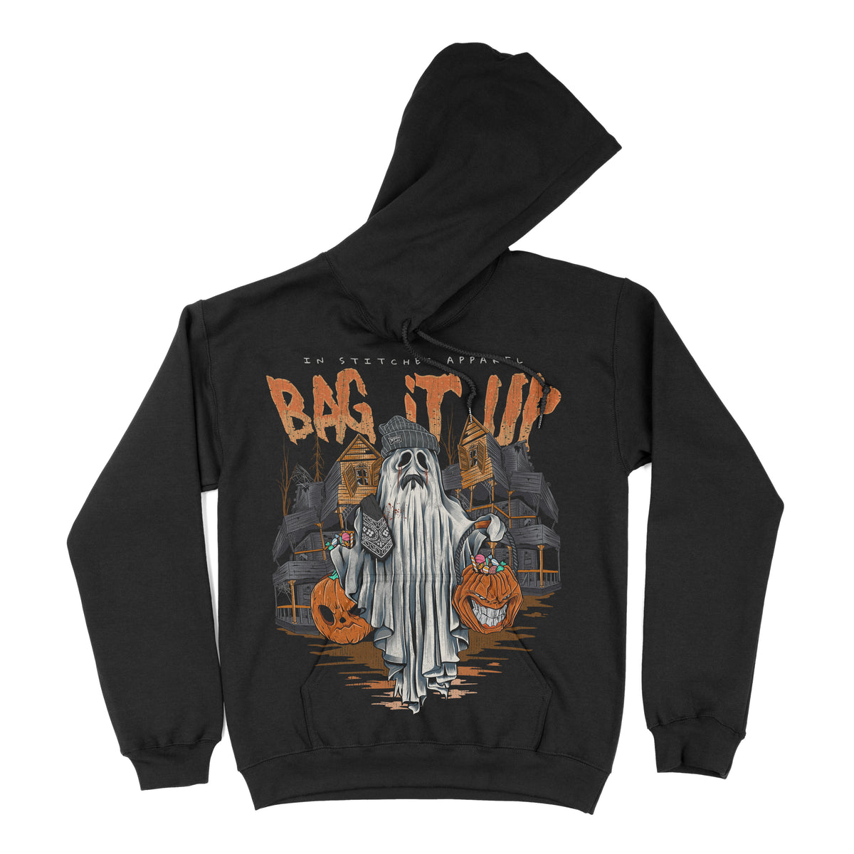 Black pullover hoodie with hood and front kangaroo pocket, shown from the back, featuring a ghost holding jack-o’-lanterns with orange text reading “Bag It Up.”