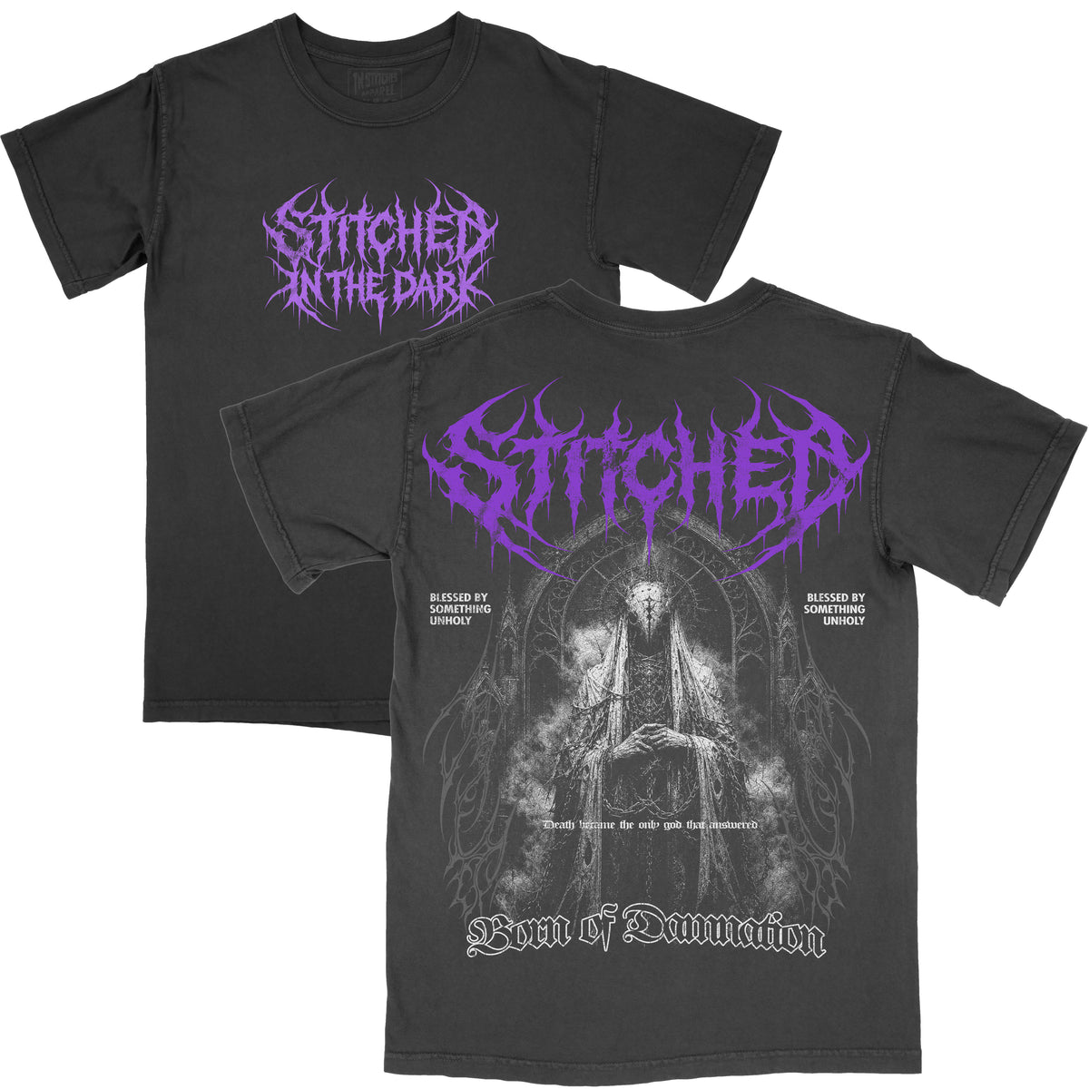 Front and back views of a black vintage-wash Born of Damnation graphic tee. The front features a purple Stitched in the Dark metal-style logo, while the back features an oversized gothic figure in black, gray, and white with purple Stitched branding and “Born of Damnation” text.