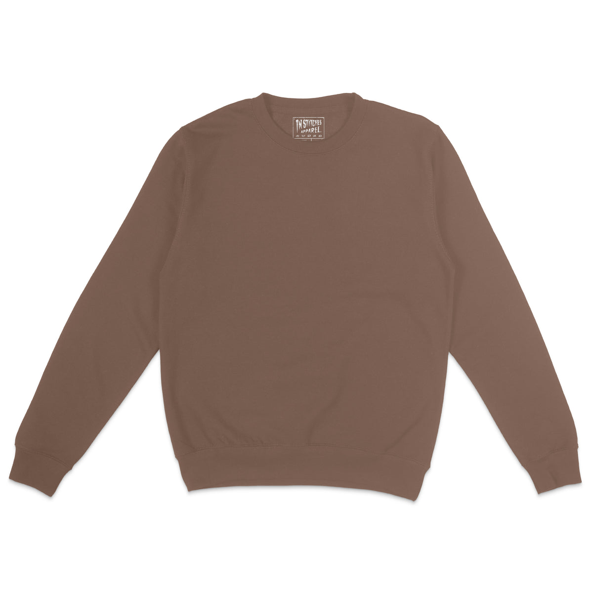Brown unisex crewneck sweatshirt displayed flat on a light background with long sleeves and ribbed cuffs and hem.