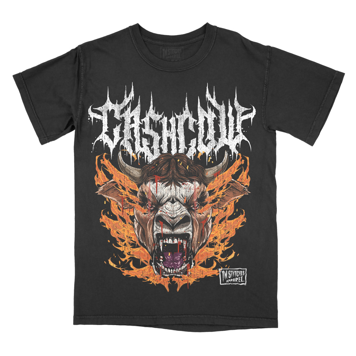 A black graphic tee with a large, vibrant print of a cow, surrounded by flame designs, and the text 'CASH COW' across the top.
