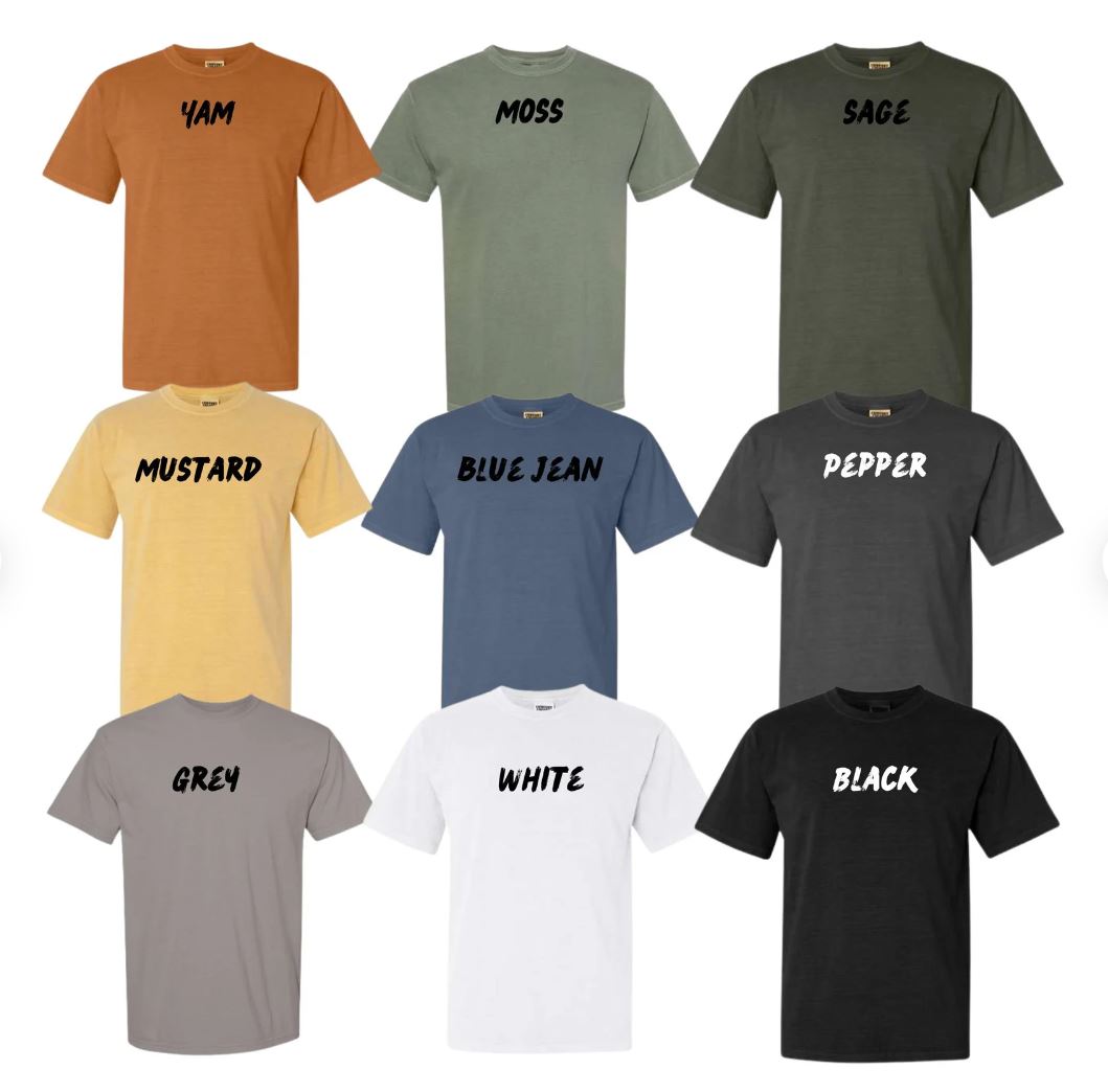 Color chart for unisex t-shirt showing nine color options: Yam, Moss, Sage, Mustard, Blue Jean, Pepper, Grey, White, and Black.