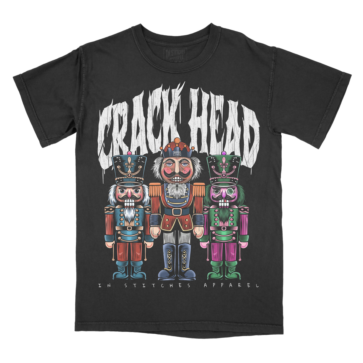 Black graphic tee with a design featuring cartoon-style nutcracker characters in colorful attire and the text 'CRACK HEAD'.