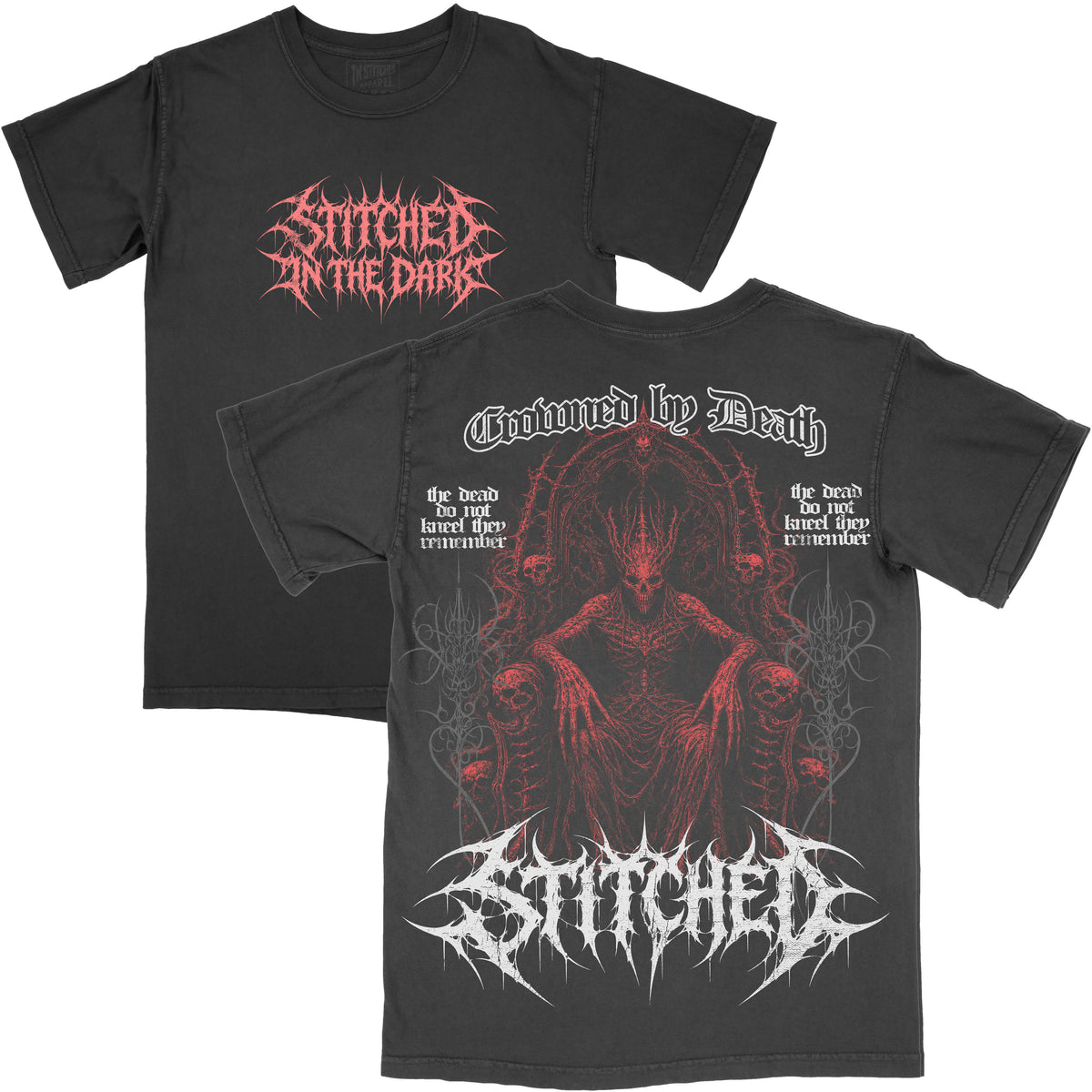 Front and back views of a black vintage-wash Crowned by Death graphic tee. The front features a red Stitched in the Dark metal-style logo, while the back features an oversized red skeletal throne illustration with “Crowned by Death” and white Stitched branding.