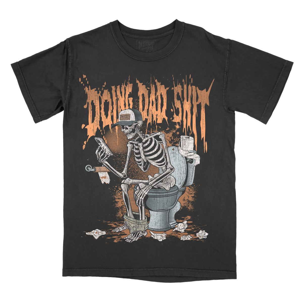 Black graphic tee with a design featuring a skeleton sitting on a toilet with a cup in its hand, and text above the skeleton reading 'DOING DAD SHIT'.