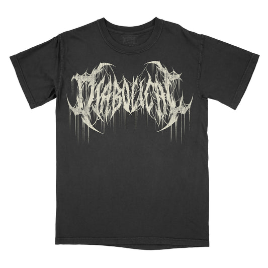 Black vintage-wash graphic T-shirt featuring the word "DIABOLICAL" in a distressed white metal-inspired font with sharp spikes, dripping details, and an extreme black metal logo aesthetic. 