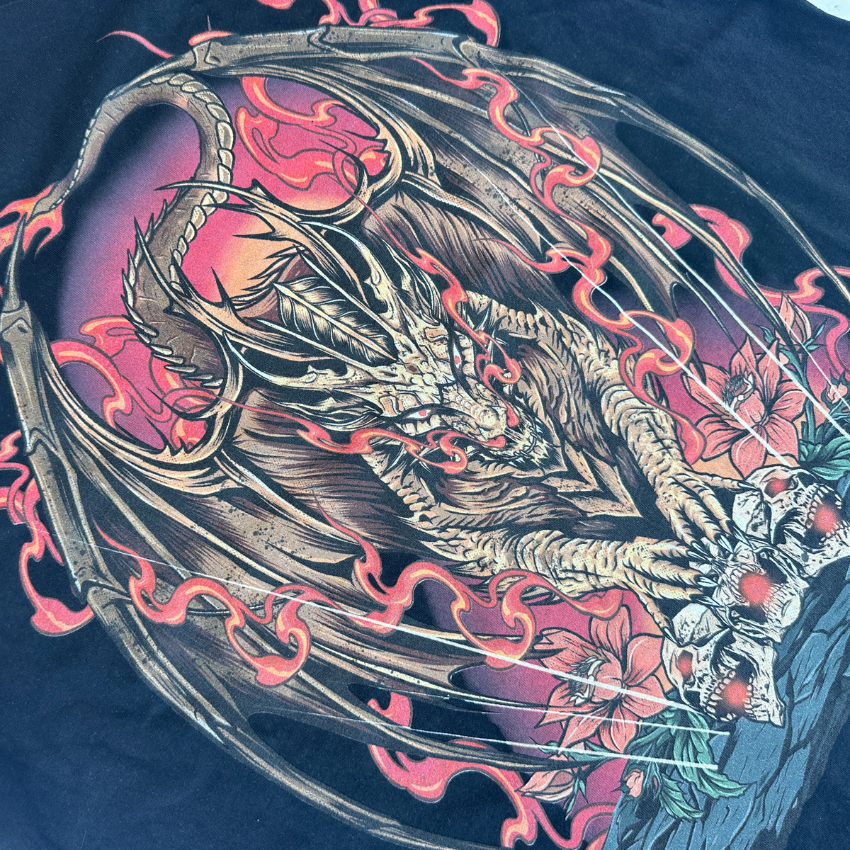 A black graphic tee with a vibrant illustration of a dragon in flames.
