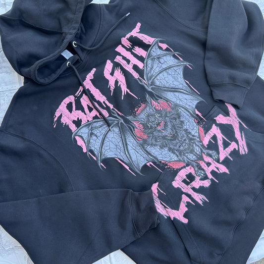 Black hoodie with 'BAT CRAZY' text and a graphic of bats on the front.