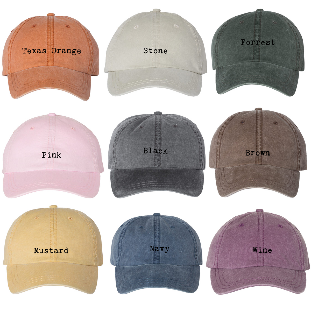 Color chart showing nine distressed baseball caps labeled: Texas Orange, Stone, Forrest green, Pink, Black, Brown, Mustard, Navy, and Wine.