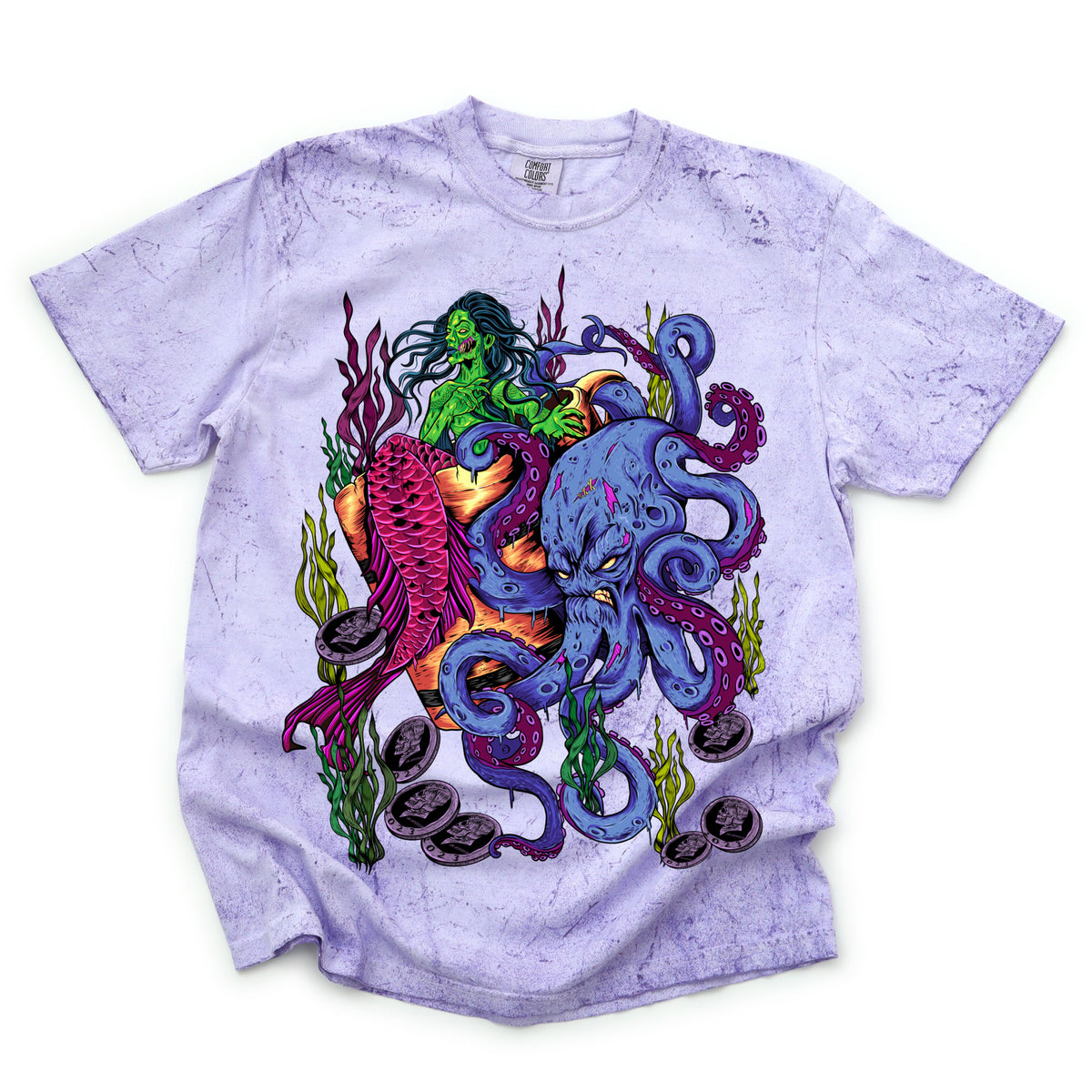 A graphic tee with a colorful octopus and mermaid design on a light background.