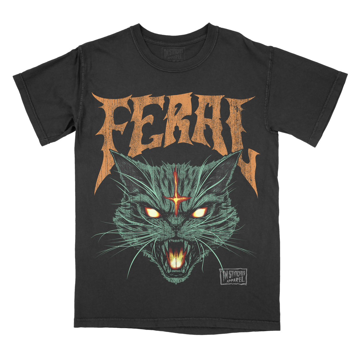 A black graphic tee with a large print of a feral cat's face in shades of green and a cross, along with the word 'FERAL' above in stylized lettering.