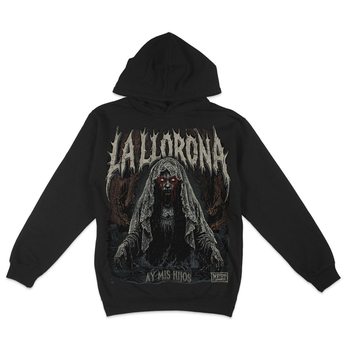 Black hoodie featuring a dark La Llorona horror graphic with a veiled ghostly woman, glowing eyes, and distressed gothic lettering.
