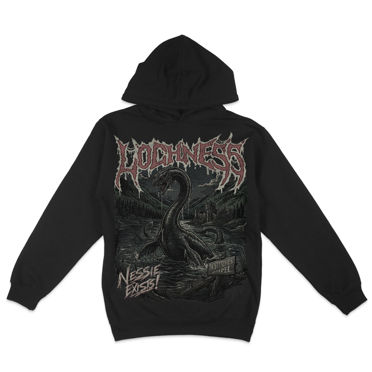 Black hoodie featuring a dark Loch Ness Monster graphic with Nessie rising from the lake, a Scottish castle, mountains, and distressed gothic lettering.