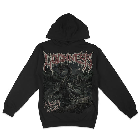 Black hoodie featuring a dark Loch Ness Monster graphic with Nessie rising from the lake, a Scottish castle, mountains, and distressed gothic lettering.
