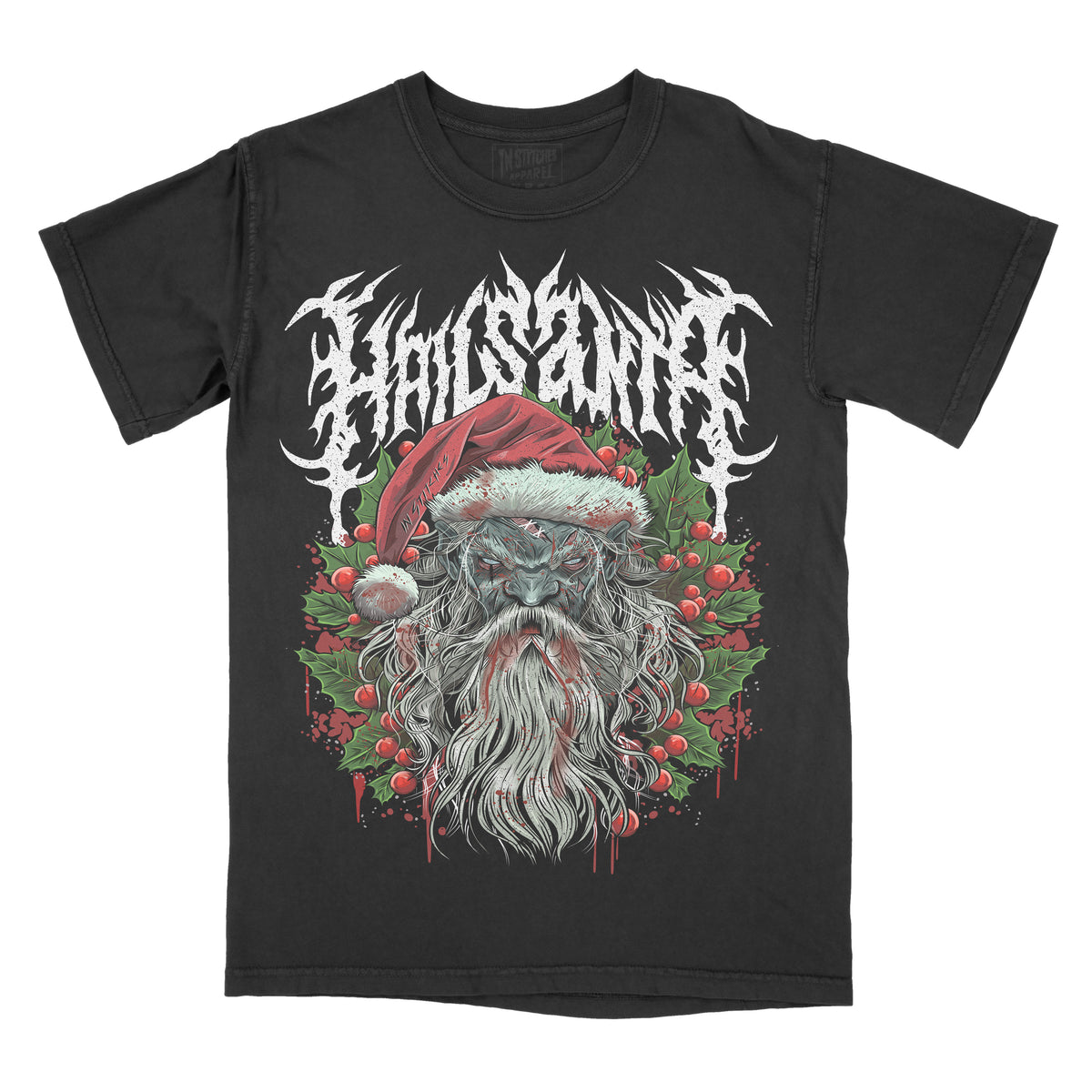 Black graphic tee with a design of Santa Claus, Christmas trees, and holly berries, and the text 'HAIL SANTA' in a stylized font.