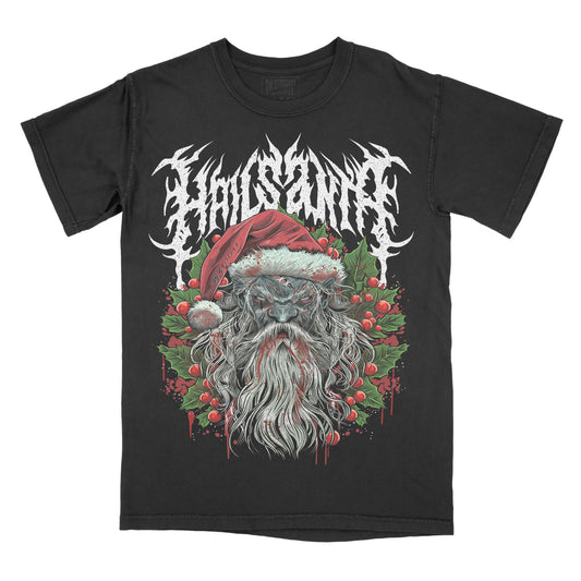 Black graphic tee with a design of Santa Claus, Christmas trees, and holly berries, and the text 'HAIL SANTA' in a stylized font.