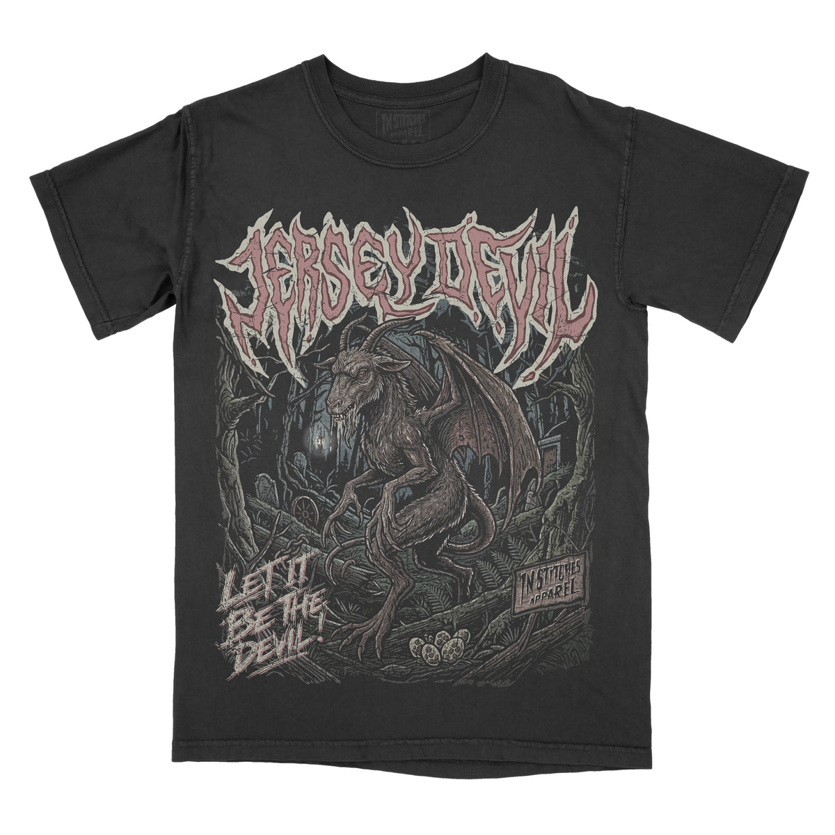 A black short-sleeve graphic t-shirt featuring the Jersey Devil. The front has a large graphic print of a devil creature in a dark forest, with the name 'JERSEY DEVIL' in a stylized font across the chest and the text 'LET IT BE THE DEVIL' on the lower left.