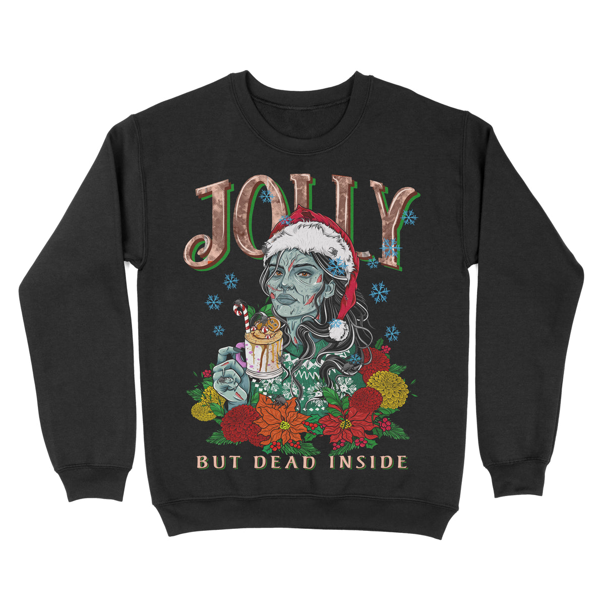 Black crewneck sweatshirt with a graphic print of a character in a Santa hat holding a mug, surrounded by Christmas-themed decorations with the phrase jolly but dead inside
