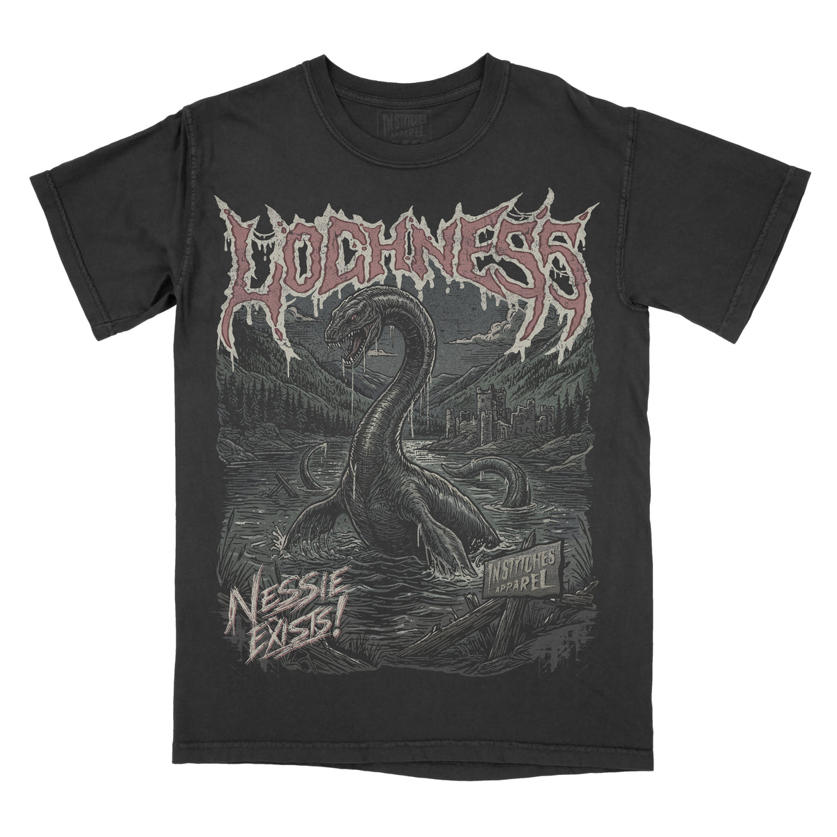 A black short-sleeve graphic t-shirt featuring a large front print of a Loch Ness serpent rising from water, with the word 'LOCHNESS' in a jagged metallic-style font across the chest and 'NESSIE EXIST!' near the lower left.