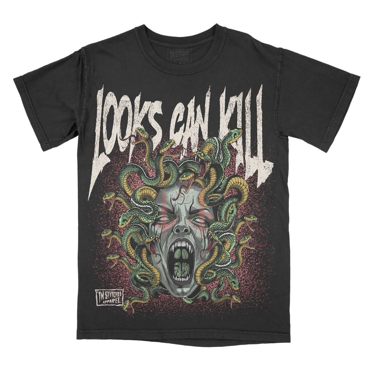 A black graphic tee with a design featuring a medusa character with multiple snakes as hair and stylized text saying 'LOOKS CAN KILL'.