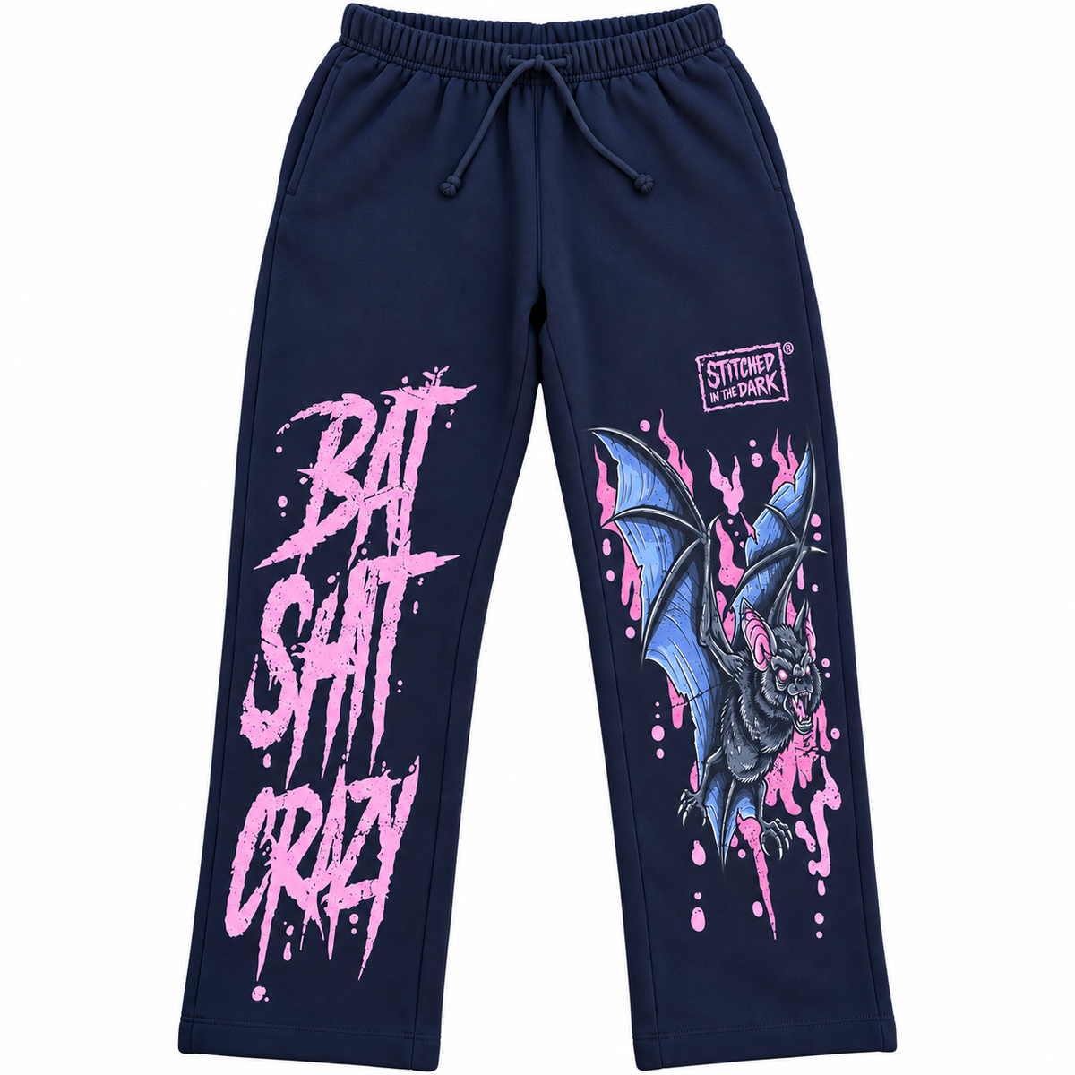 Black sweatpants featuring a distressed pink “Bat Shit Crazy” graphic on one leg and a blue and black bat with pink accents and Stitched in the Dark logo on the other leg.