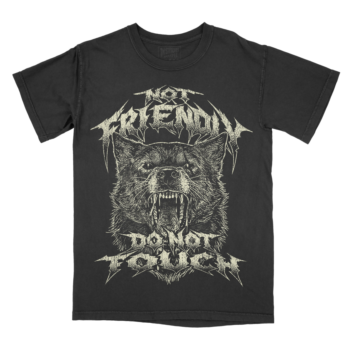 A black short-sleeve graphic t-shirt featuring a detailed white and gray illustration of a snarling wolf wearing a crown, with the text 'NOT FRIENDLY' above and 'DO NOT TOUCH' below in a jagged metal font.