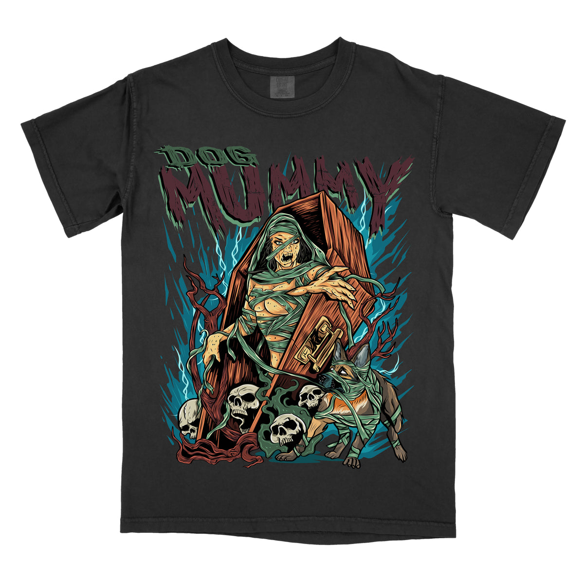 Black t-shirt  featuring a stylized illustration of a mummy holding a dog, surrounded by skulls in a dark fantasy art style.