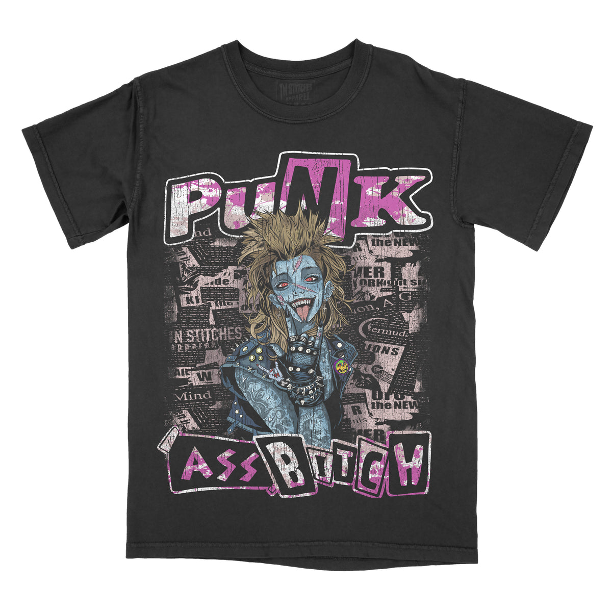 Black graphic t-shirt featuring a punk-style illustrated character with spiked hair and a distressed collage background. The design includes the phrases “Punk” across the top and “Ass Bitch” across the bottom in bold, stylized lettering.