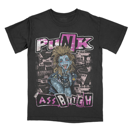 Black graphic t-shirt featuring a punk-style illustrated character with spiked hair and a distressed collage background. The design includes the phrases “Punk” across the top and “Ass Bitch” across the bottom in bold, stylized lettering.