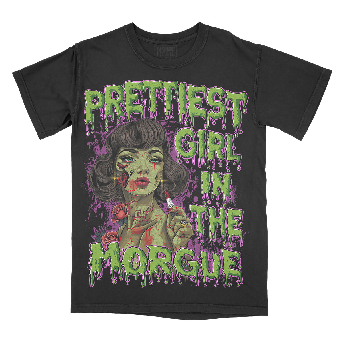 A black graphic tee with the text ' Prettiest Girl In The Morgue' and an illustration of a female figure with purple and pink accents.