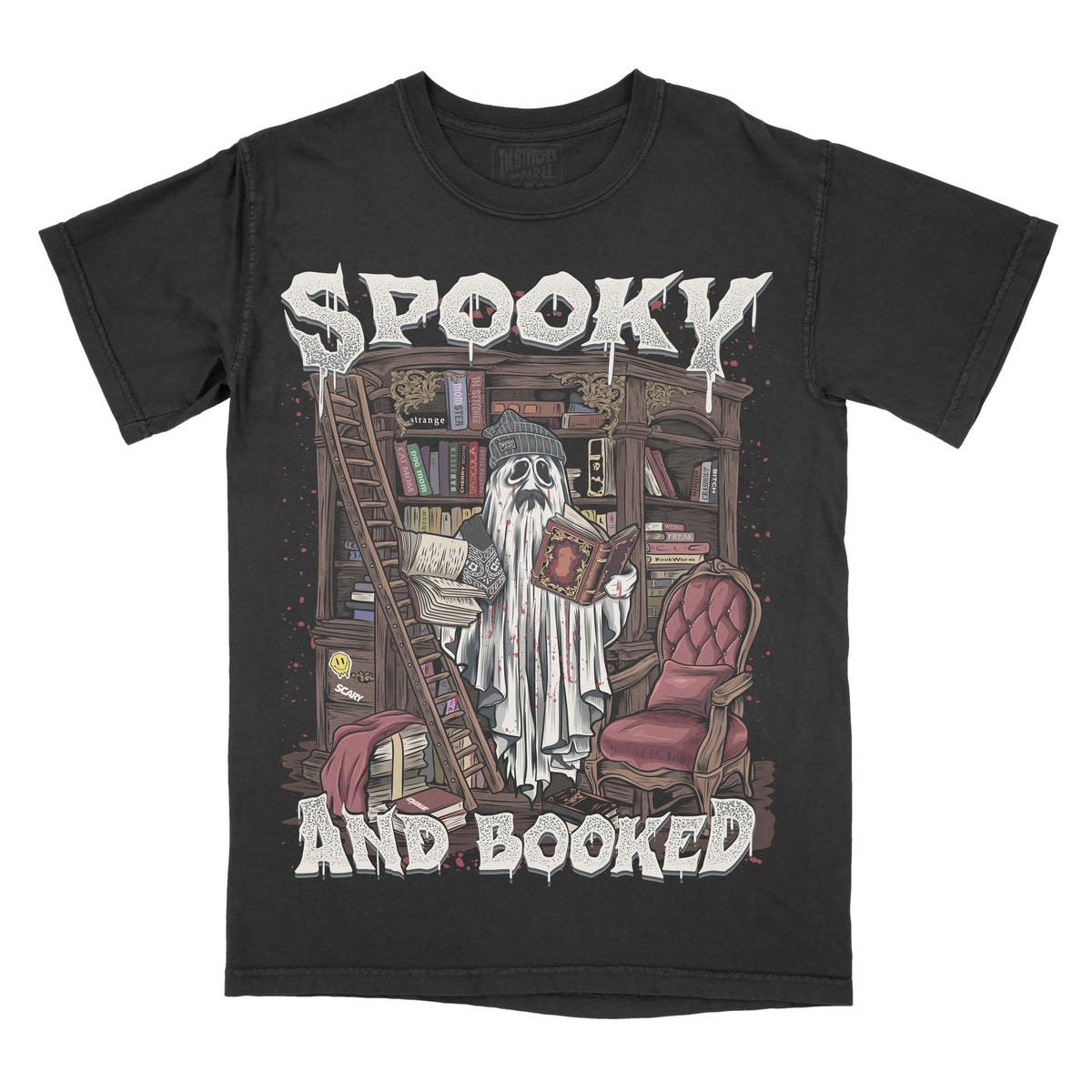 Black t-shirt with a ghost reading a book graphic and 'Spooky and Booked' text on a white background.
