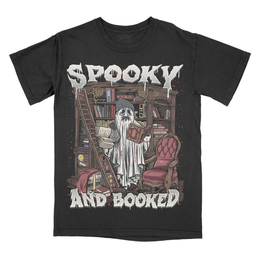 Black t-shirt with a ghost reading a book graphic and 'Spooky and Booked' text on a white background.