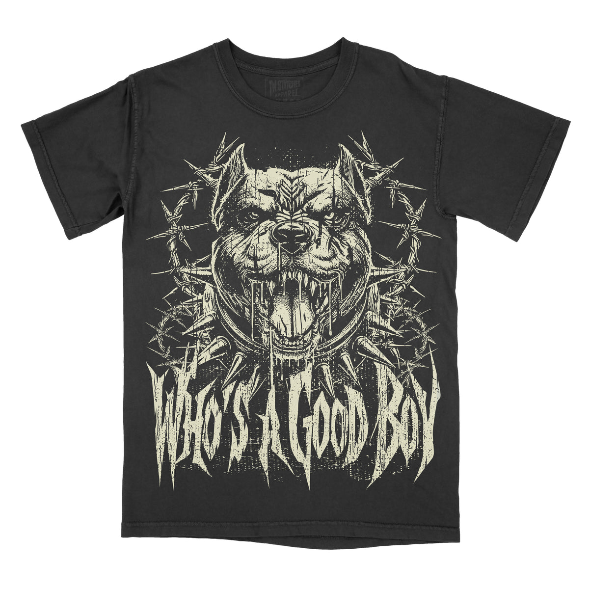 A black short-sleeve graphic t-shirt featuring a distressed cream print of a snarling pit bull surrounded by barbed wire, with the text 'WHO'S A GOOD BOY' in a jagged metal-style font below.