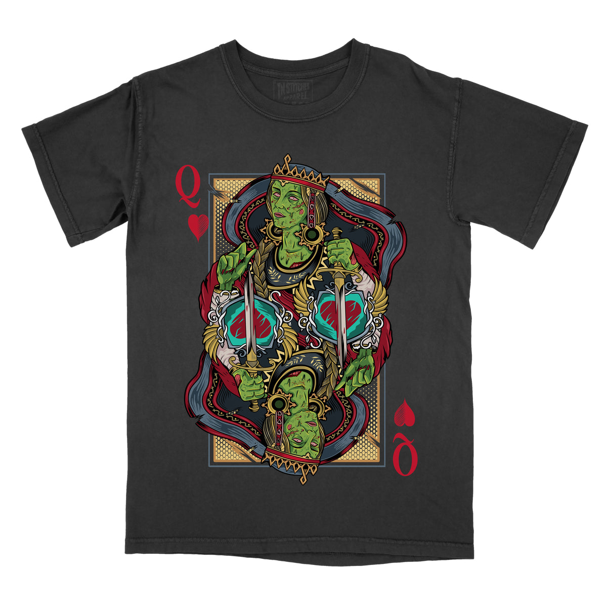 black t-shirt  featuring a bold Queen of Hearts playing card–style graphic with mirrored green figures, red heart symbols, and ornate gothic detailing on the front.