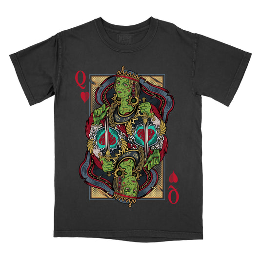 black t-shirt  featuring a bold Queen of Hearts playing card–style graphic with mirrored green figures, red heart symbols, and ornate gothic detailing on the front.