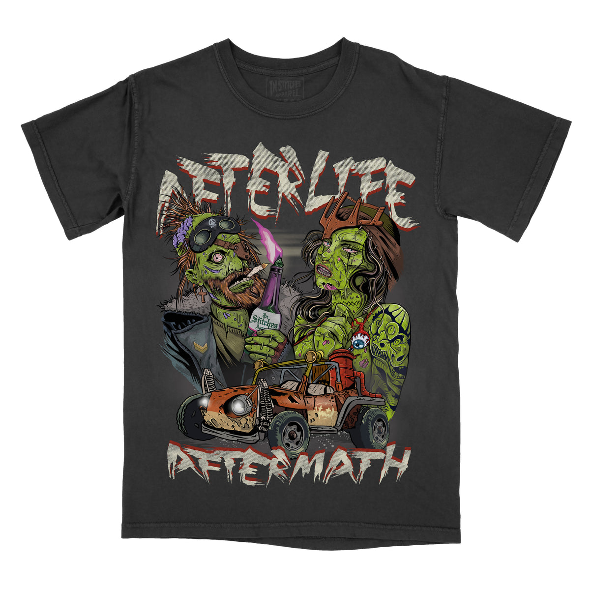 Black t-shirt with a graphic print featuring cartoonish characters and the text 'AFTERLIFE AFTERMATH' on the front.
