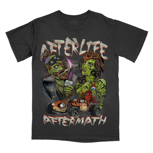 Black t-shirt with a graphic print featuring cartoonish characters and the text 'AFTERLIFE AFTERMATH' on the front.
